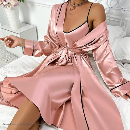 Set di vestaglia lunga sexy Twinset Chemise Camicia da notte da donna Indumenti da notte Estate Raso di seta Abito da casa Indumenti da notte Allentati Abbigliamento da salotto Lingerie