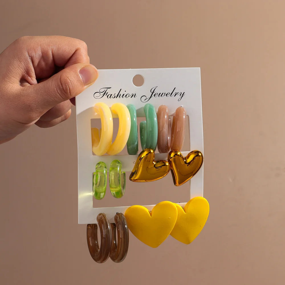 Boucles d'oreilles géométriques en acrylique pour femmes, 7 paires, colorées, cercles en résine, clous d'oreilles en forme de cœur, ensemble de bijoux, cadeaux d'anniversaire