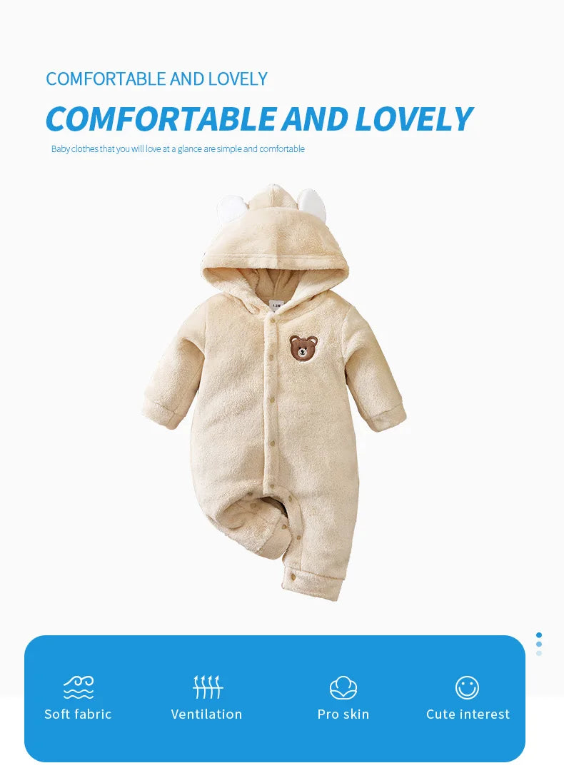 Pagliaccetto per neonato Flanella invernale Orso beige Orecchie con cappuccio Manica lunga Pigiama per bambino unisex 0-18 mesi Abiti comfort