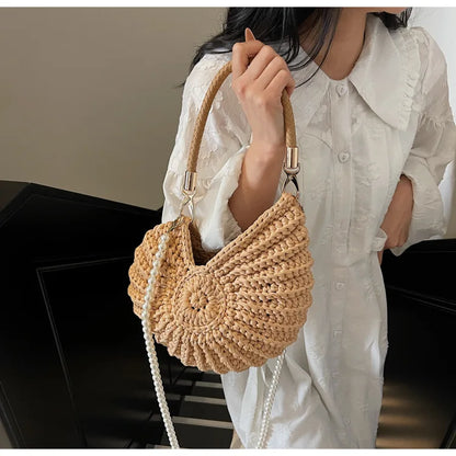 Borse a tracolla da donna all'uncinetto a forma di conchiglia creativa Divertenti catene di perle carine Borsa a tracolla in tessuto fatto a mano Novità piccole borse