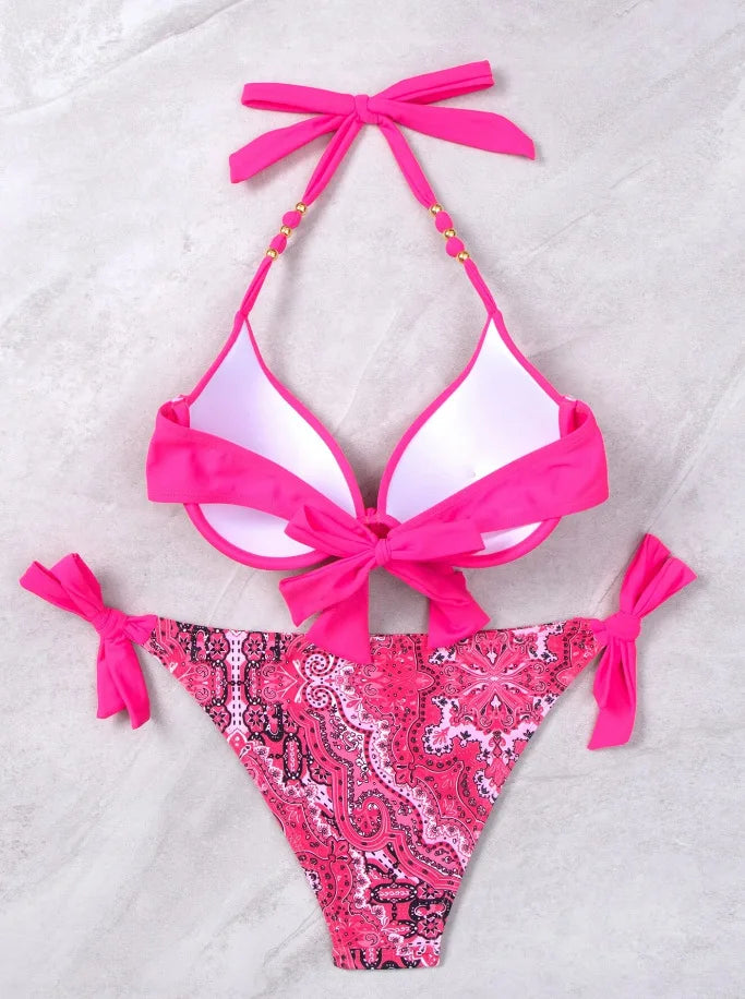 Costume da bagno bikini push-up halter stampato 2026 da donna, sexy, con spalline, per il mare e la piscina