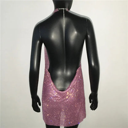 Mini abito sexy con scollo a V senza schienale per le donne Abiti da sera da club per feste con strass lucidi con scollo all'americana e spacco laterale