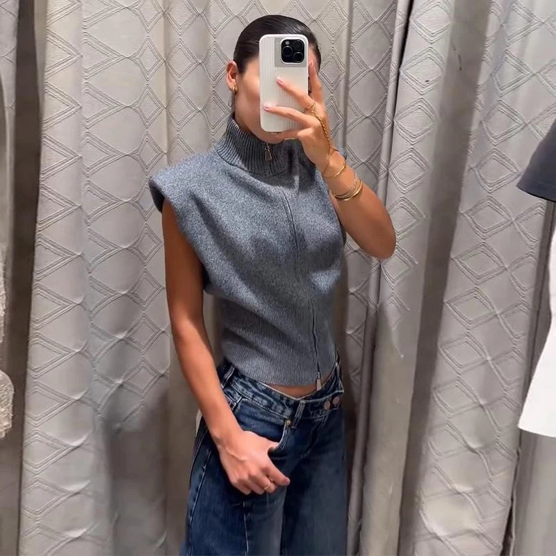 Cardigan in maglia da donna senza maniche con spalline imbottite, collo alto a metà, doppia cerniera, corto, aderente, tinta unita, top di tendenza per la strada