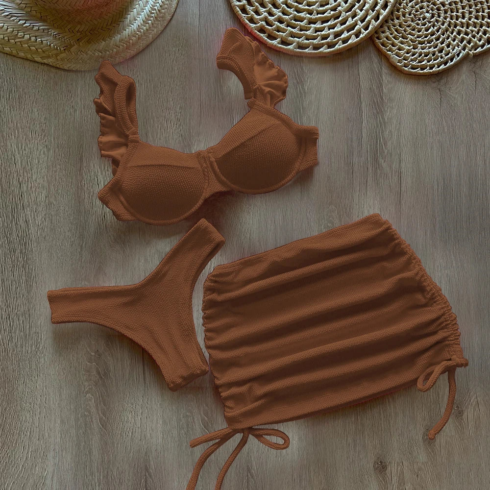 Costume da bagno a vita bassa in tessuto ondulato solido copricostume per donna costume da bagno Push Up con volant a tre pezzi 2023 costumi da bagno da spiaggia
