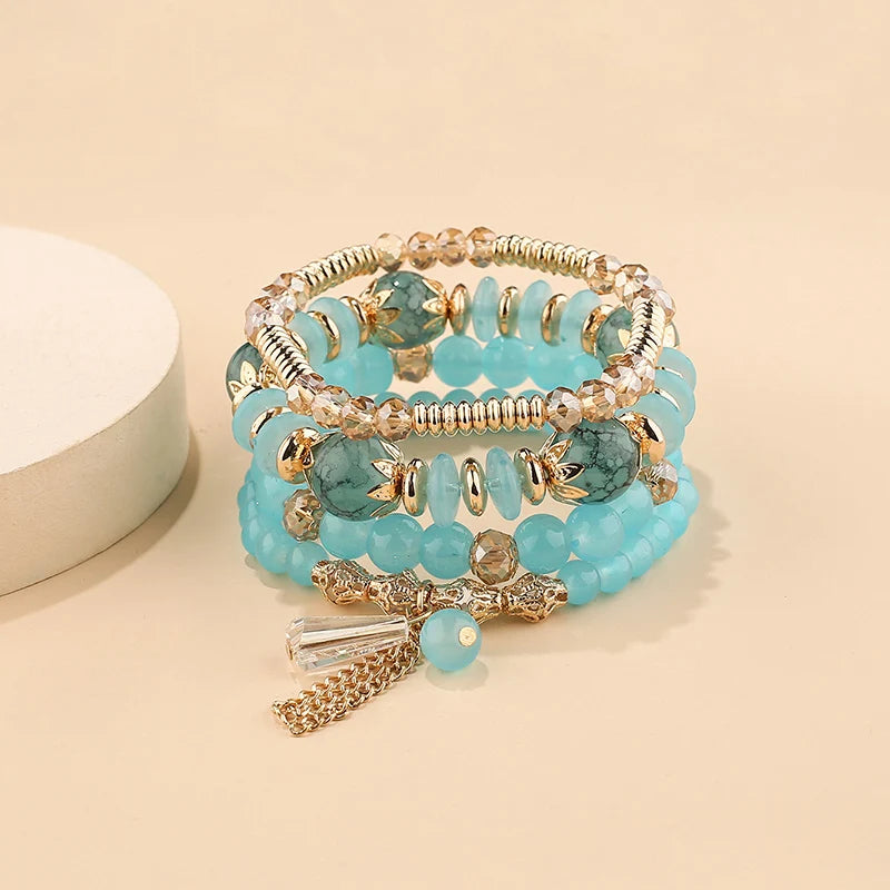 4 pezzi nuovo set di braccialetti con perline con ciondoli e nappe per donna, bracciale a catena con perline di vetro colorato, gioielli bohémien da uomo