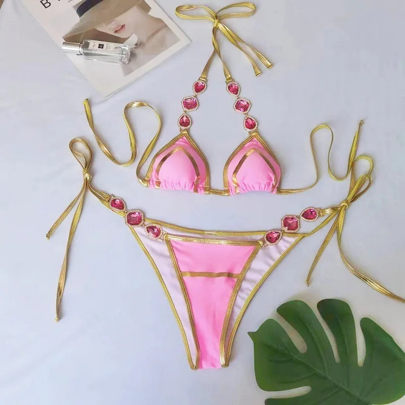 nuovo costume da bagno in due pezzi con strass 2026 cristallo di lusso perizoma Sexy perizoma Bikini Set costumi da bagno da donna costume da bagno Sexy da spiaggia