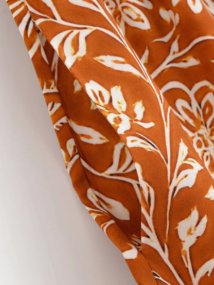 Boho Queens Donna Abiti con stampa floreale marrone Kimono Abito Abiti bohémien Pantaloni a gamba larga 2 pezzi Rayon Boho Set costume da bagno