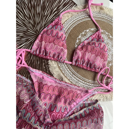 Costume da bagno estivo da donna nuovo, bikini lavorato a maglia in 3 pezzi con costumi da bagno con copertura avvolgente e scollo all'americana per le vacanze al mare
