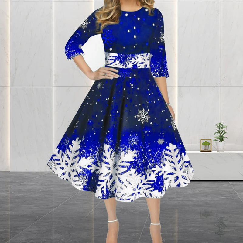 Abiti natalizi invernali da donna Abito vintage altalena elegante mezza manica con stampa casual