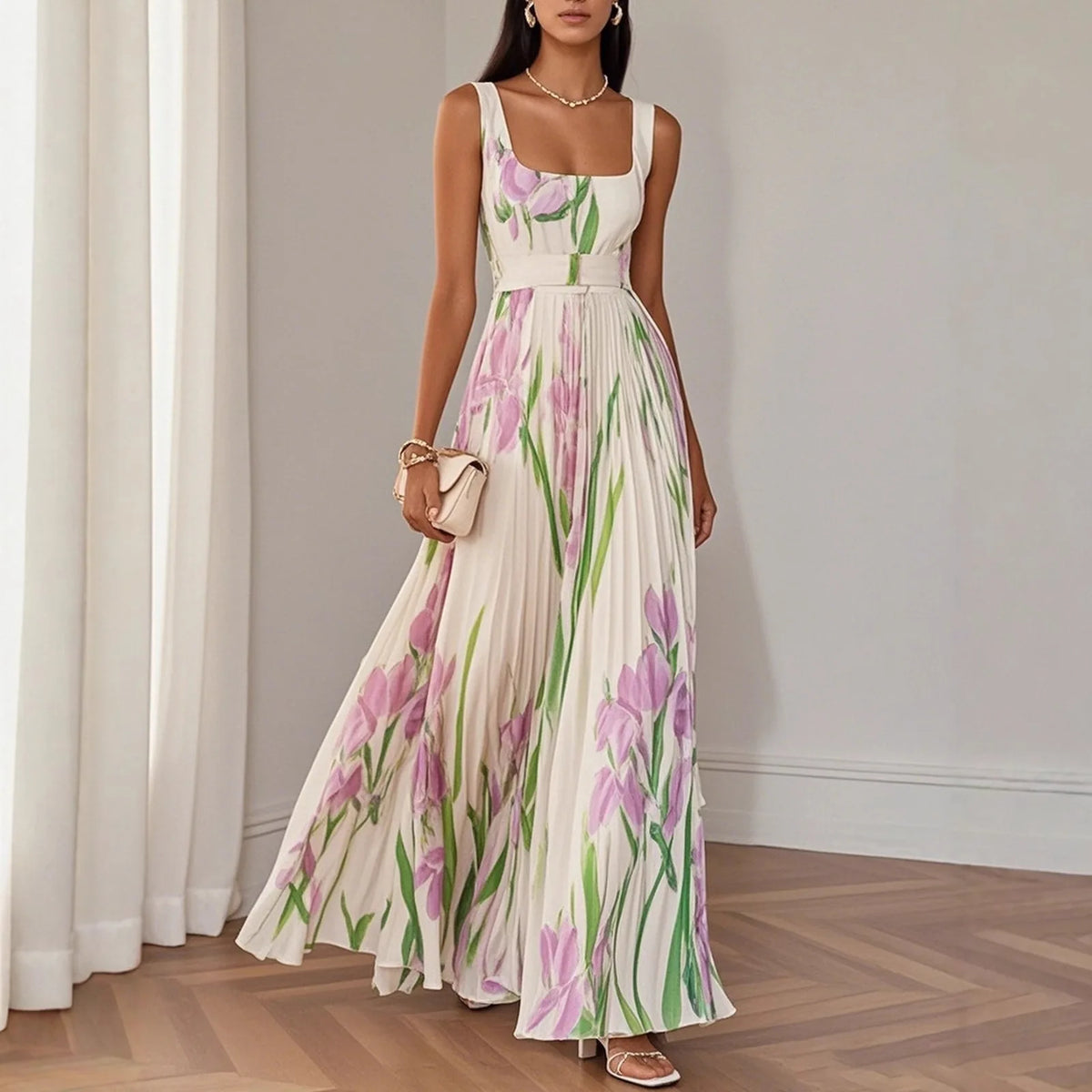 Abito lungo sexy con stampa floreale Donna Estate 2025 Abiti maxi con cinturino senza maniche alla moda eleganti