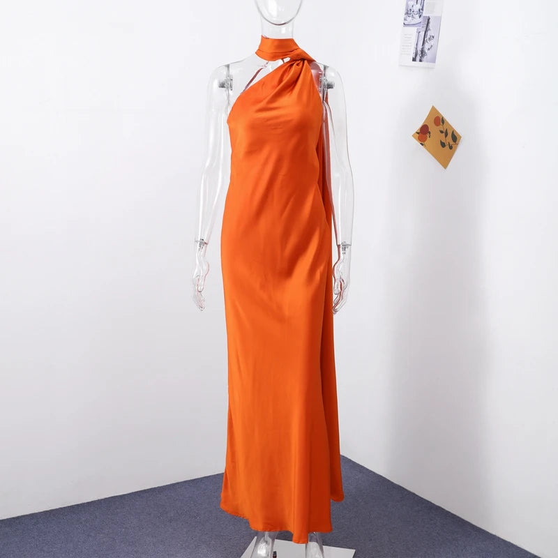 Abito Lungo Sexy Senza Maniche con Nastro, Elegante Vestito da Donna Slim in Raso con Schiena Scoperta e Lacci, Abito da Festa alla Moda 2026, Tinta Unita, per Vacanze, da Donna