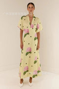 Abito da donna stampato a fiori casual Abito lungo femminile allentato a maniche corte con scollo a V profondo 2025 Primavera Estate Nuova moda Lady Robe