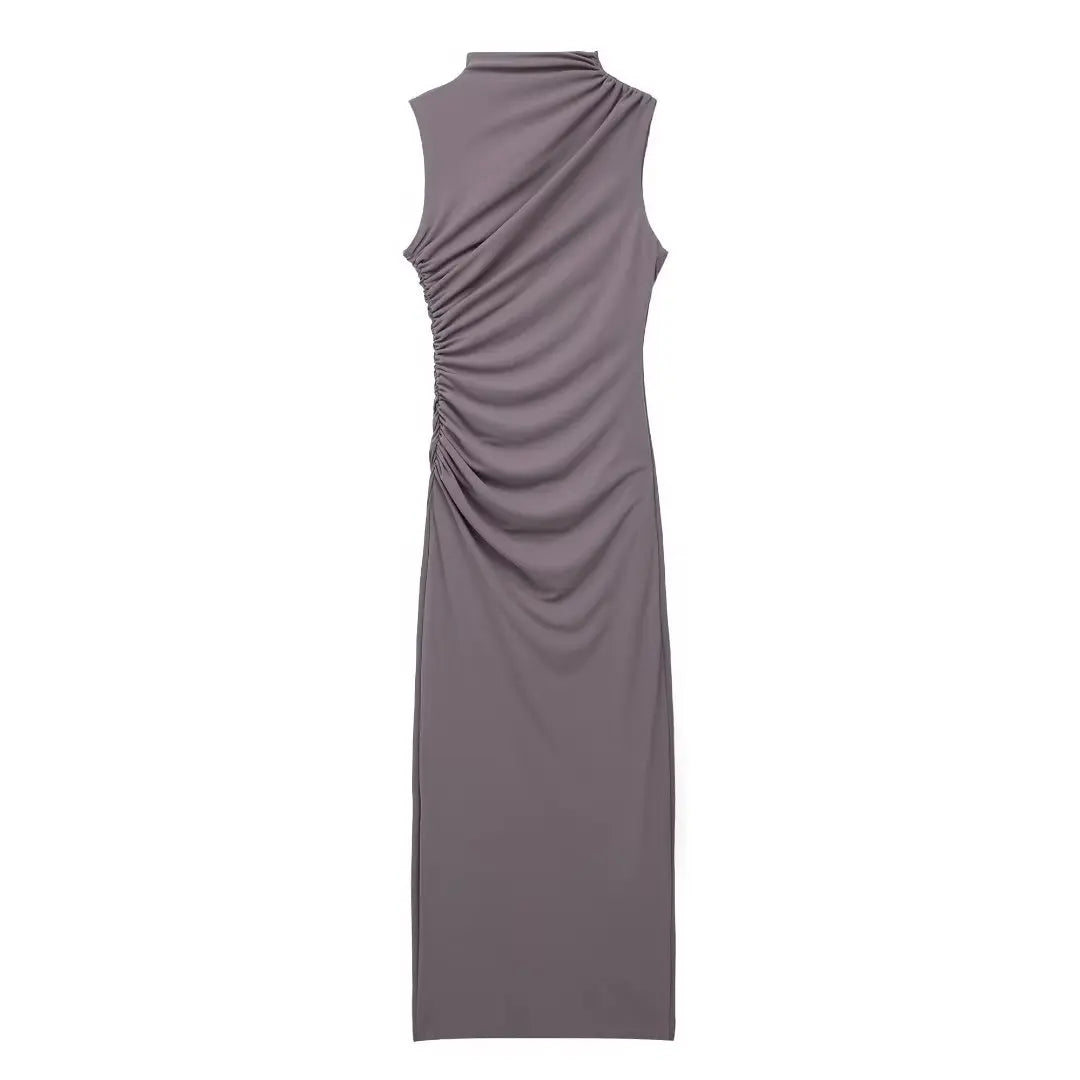Abito da donna solido pieghettato O collo Slim Hip Package abiti lunghi da donna 2024 moda senza maniche Summer Evening Party abito femminile