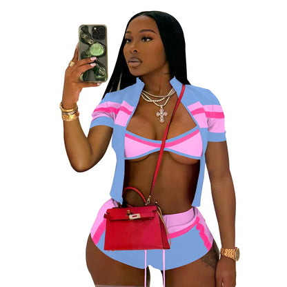 Sommer Sexy 3-teiliges Set Damen Fitnessstudio Outfits Farbblock Trainingsanzug BH Reißverschlussjacke und Shorts Sets Damen Club Abendkleidung