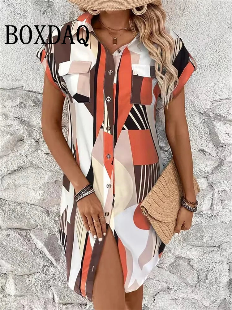 Abito estivo da donna Moda Geometri Stampato Abiti a maniche corte 2025 Party Elegante vestito estivo Casual Camicie con risvolto con bottoni Abito