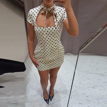 Abito Elegante Estivo 2026 da Donna con Stampa a Pois e Inserti in Pizzo, Vestito da Spiaggia Senza Maniche con Schiena Scoperta in Raso e Spalline Sottili