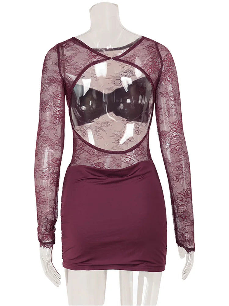 CNYISHE Patchwork di pizzo Backless O Collo Abiti da donna Moda Sheer Manica lunga Guaina Abiti Scava Fuori Femminile Hip Wrap Aderente