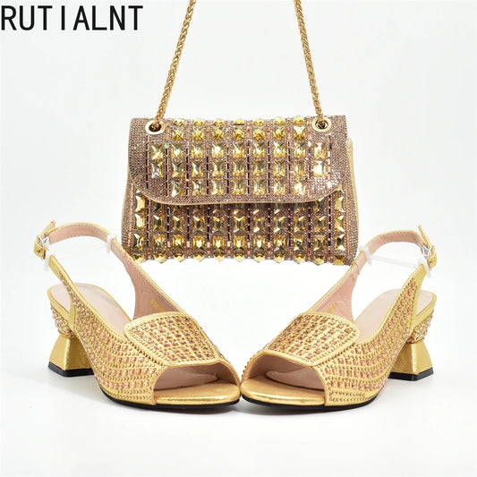 New Fashion Italian Shoe and Bags Matching Set Decorated with Rhinestone Luxury Designer Women Party Pumps Elegant Bridal Shoes
