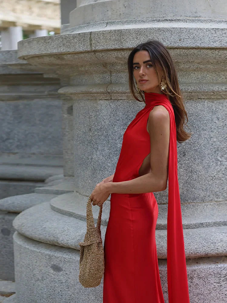 Sciarpa a nastro Halter Abito da donna Spalla inclinata Raso di seta Slim Fit Streamer Grandi abiti sexy senza schienale Abiti lunghi da donna Estate