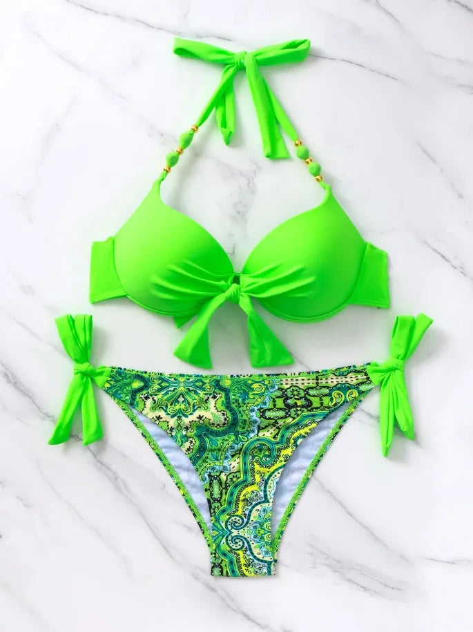 Costume da bagno bikini push-up halter stampato 2026 da donna, sexy, con spalline, per il mare e la piscina