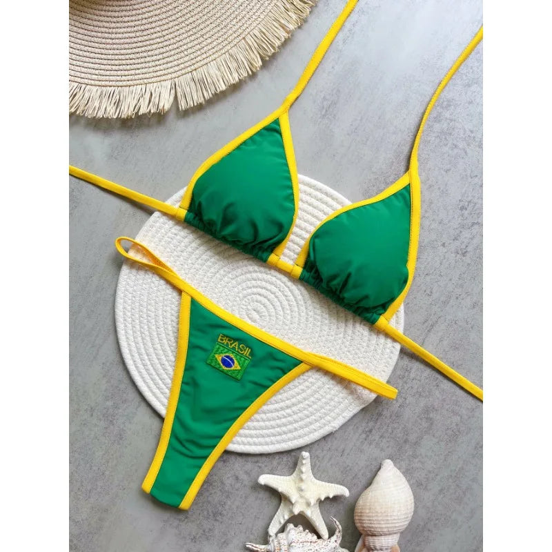Ensemble de bikinis sexy brodé drapeau brésilien contrasté et fendu pour femme, maillot de bain patchwork, tenue féminine pour la plage d'été