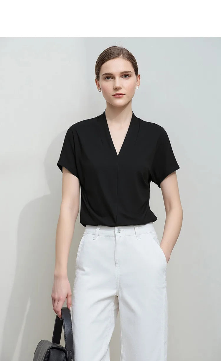 AMII Minimalism 2026 T-shirt Estiva da Donna Stile Classico Casual Scollo a V Manica Corta Tinta Unita Elasticizzata Top e Magliette Femminili 12312013