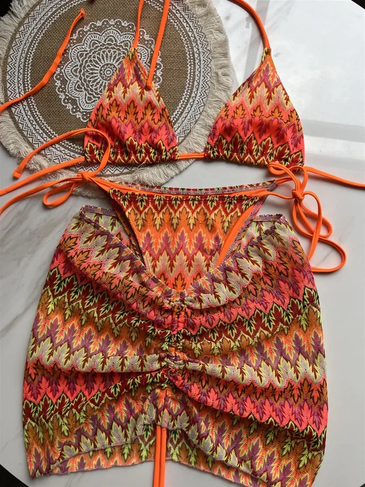 Damen-Badeanzug, bunte Ahornblätter, gestrickter Bikinirock, dreiteiliges Set, geteilter Badeanzug, Bikini, sexy Biquini, Badeanzug