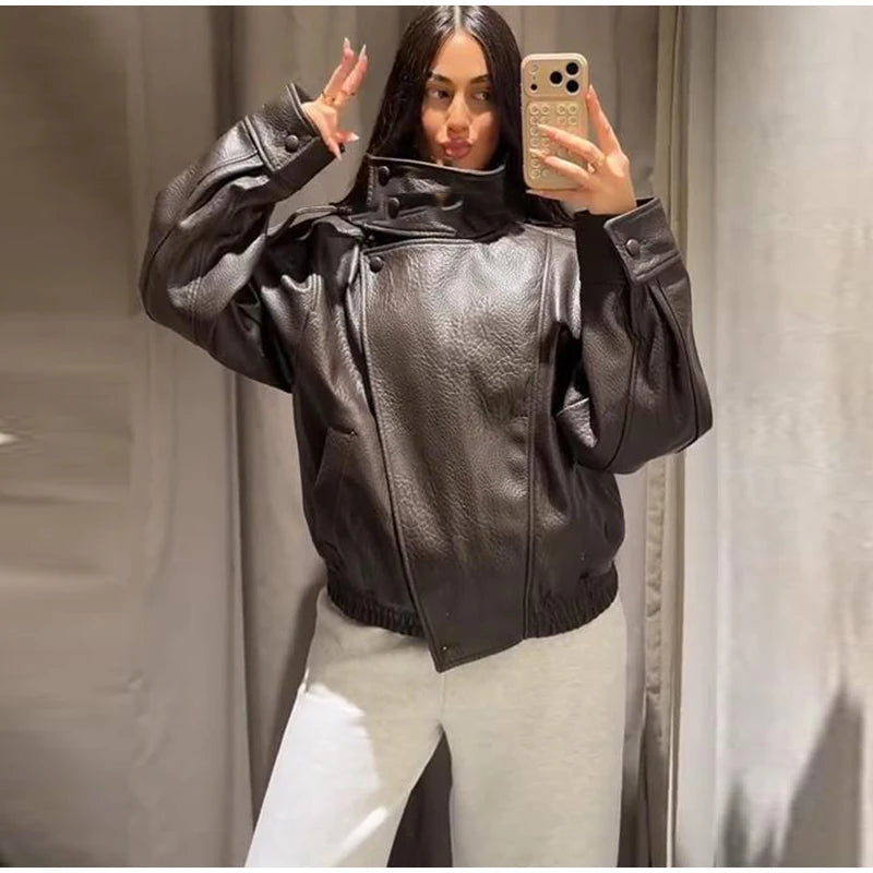 Giacca bomber da donna in camoscio grigio scuro, con colletto alla coreana, maniche lunghe, oversize, asimmetrica, stile street, giacche da donna autunno 2026