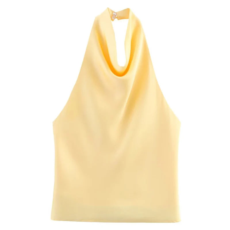 Hauts Femme Sexy Top Satin Licou Femme Mode Solide Élégant Gilet Dos Nu 2026 Nouvel Été Épaules Dénudées Caraco Femme