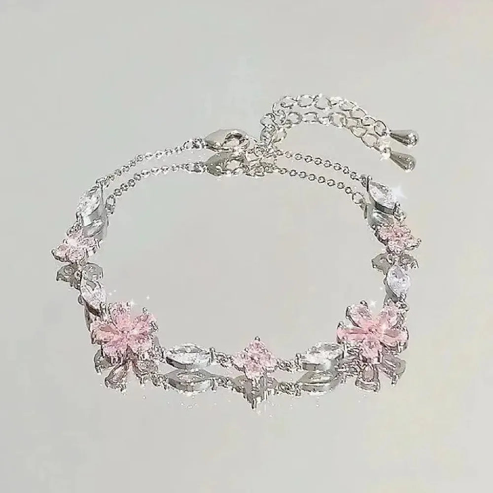 Braccialetti con fiori di ciliegio in cristallo rosa brillante per donne e ragazze, braccialetto con fiore a luna dolce e zirconi, gioielli estetici da festa