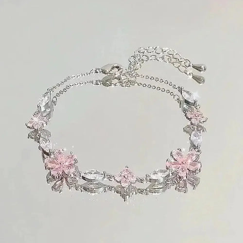 Braccialetti con fiori di ciliegio in cristallo rosa brillante per donne e ragazze, braccialetto con fiore a luna dolce e zirconi, gioielli estetici da festa