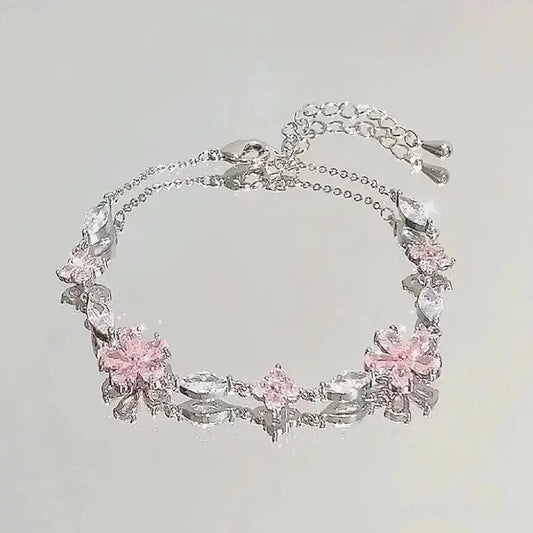 Braccialetti con fiori di ciliegio in cristallo rosa brillante per donne e ragazze, braccialetto con fiore a luna dolce e zirconi, gioielli estetici da festa