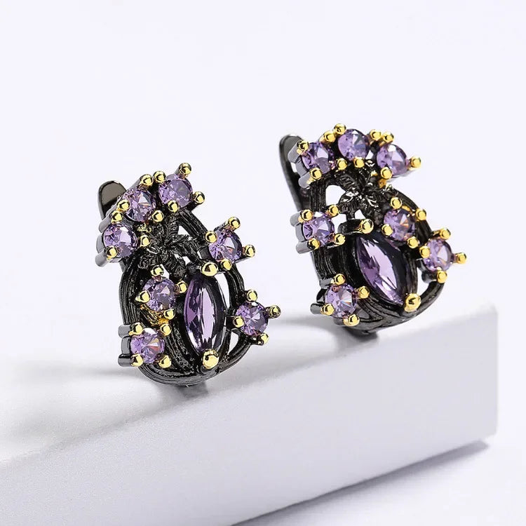 925 Silver Elegant Women's Jewelry Three-piece Set Black Gold Purple Zircon Flowers Jewelry Women's Ring Necklace Earrings