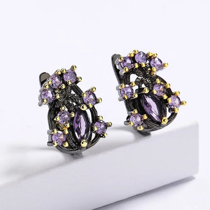 925 Silver Elegant Women's Jewelry Three-piece Set Black Gold Purple Zircon Flowers Jewelry Women's Ring Necklace Earrings