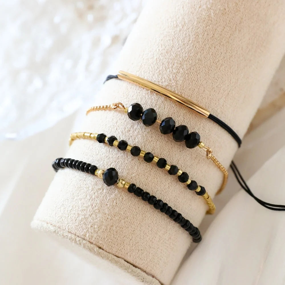4 pièces/ensemble, bracelets tendance en pierre de verre noire pour femmes, bijoux bohèmes faits à la main