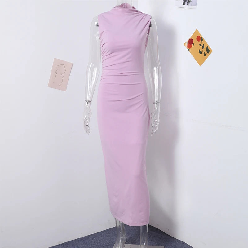 Abito da donna solido pieghettato O collo Slim Hip Package abiti lunghi da donna 2024 moda senza maniche Summer Evening Party abito femminile