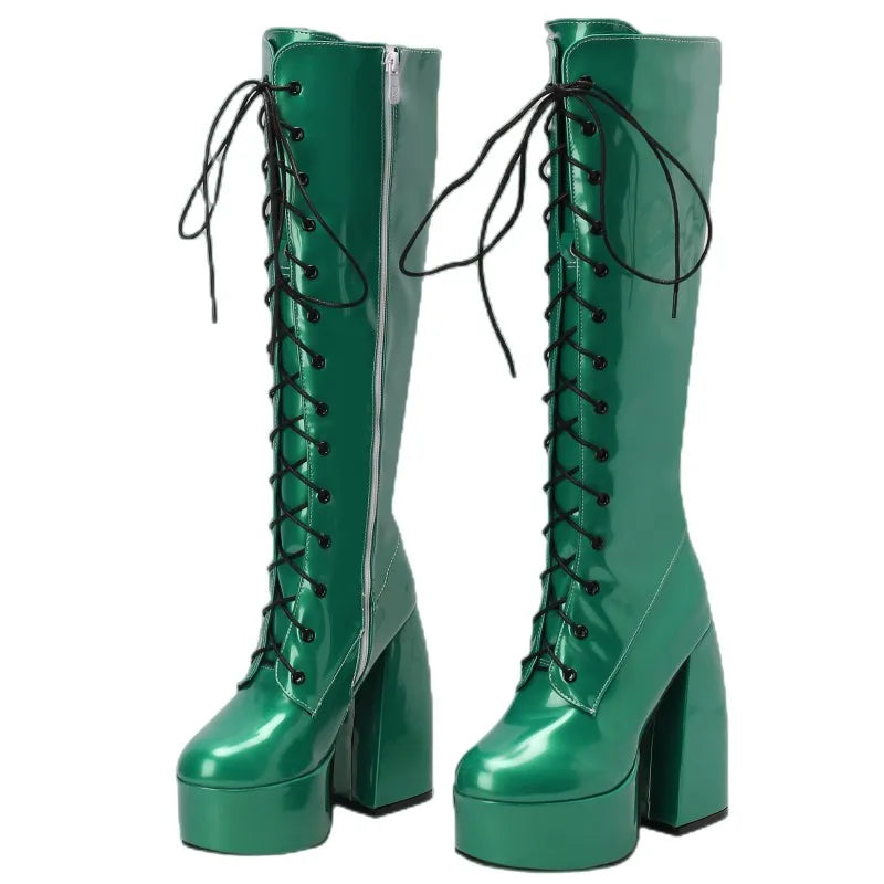 Sexy Lace Up Platform Long Boots Women Thick Gothic Heels High Knee Boot Winter Red Black Green Fetish Party Shoes Large Size 48