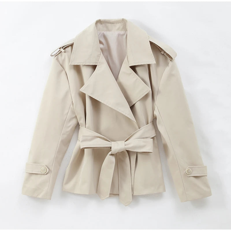 Trench con lacci con risvolto solido per le donne Moda maniche lunghe spalla larga cappotto corto allentato 2025 Nuovo autunno pendolari Outwear