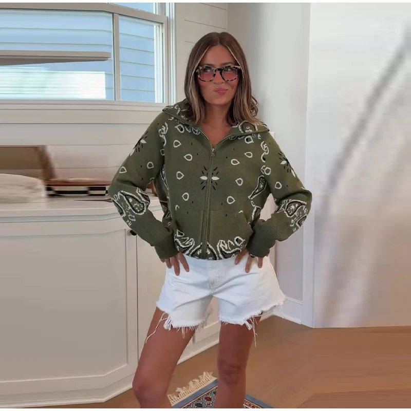 Giacca in maglia con stampa paisley per donna, colletto alto, maniche raglan, chiusura a zip, tasca frontale, cardigan autunnale 2026, giacca retrò ampia.