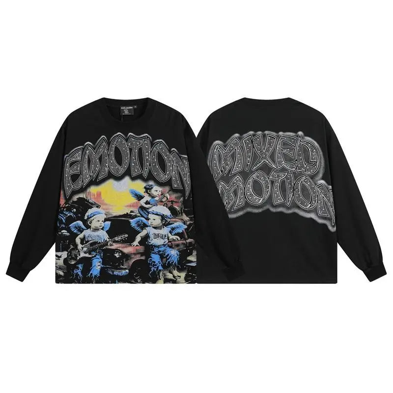 EMOTIONE MISTA T-shirt a maniche lunghe Uomo Donna High Street Stampa completa 100% cotone Girocollo Hip Hop Top oversize