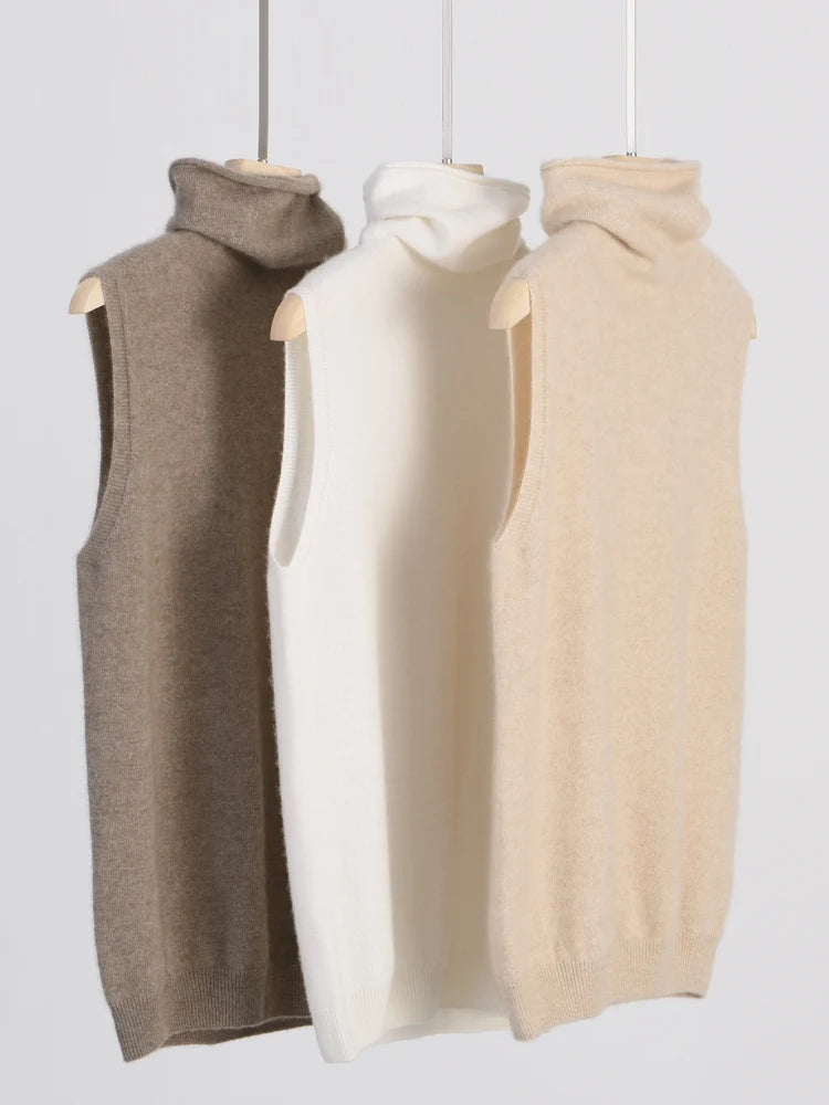 Donna 100% lana merino pullover senza maniche maglione a collo alto gilet maglieria di lana primavera autunno inverno gilet moda top