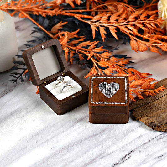 Portagioie con diamanti intarsiati, scatola per fedi nuziali in legno massello di noce, ricerca di matrimonio, anello di diamanti, regalo di San Valentino, gioielli