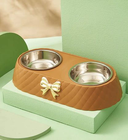 Forniture per animali domestici Papillon Bowknot Ciotola per cibo per gatti Base in PP Ciotola per cani Doppio accessorio per animali domestici in acciaio inossidabile Alimentazione Bere Doppia ciotola