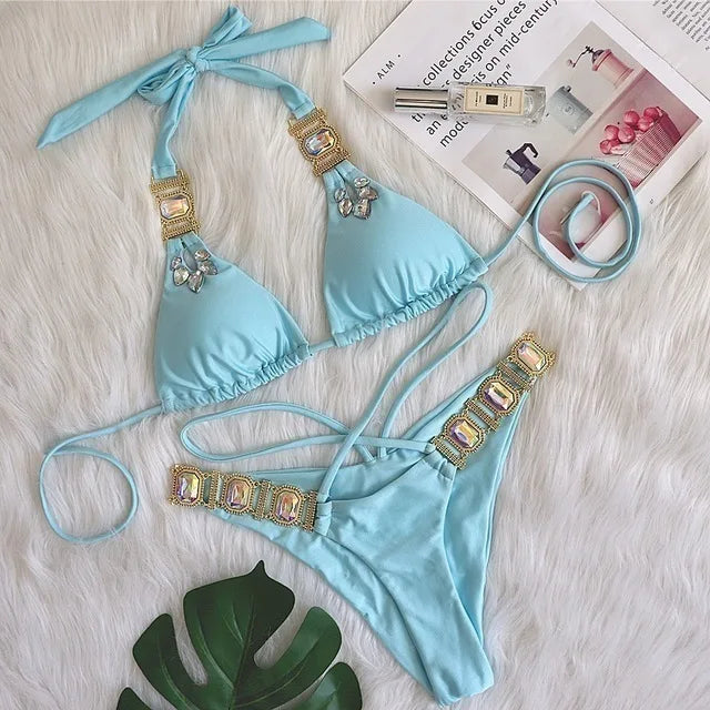 nuovo costume da bagno in due pezzi con strass 2026 cristallo di lusso perizoma Sexy perizoma Bikini Set costumi da bagno da donna costume da bagno Sexy da spiaggia