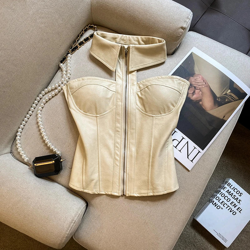Y2K Streetwear Crop Tank Donna Halter Slim Fit Cerniera senza maniche Canotta sexy French Hottie Harajuku Vintage senza spalline Top Nuovo
