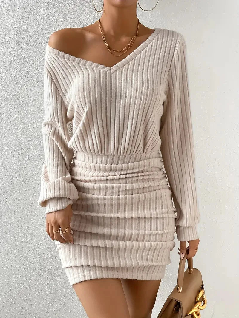 Mini abito maglione lavorato a maglia autunno inverno da donna femminile casual solido avvolgente scollo a V manica lunga caldo aderente abiti corti veste