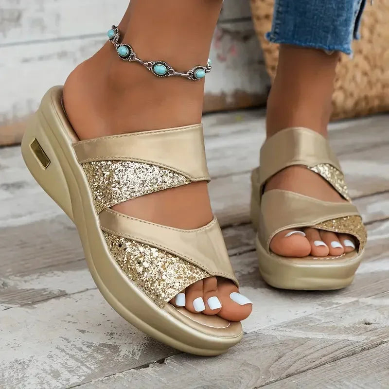 Pantofole con zeppa da donna piattaforma glitterata sandali comodi pantofole Casual con Sling Backs nuove scarpe estive per le donne diapositive da donna