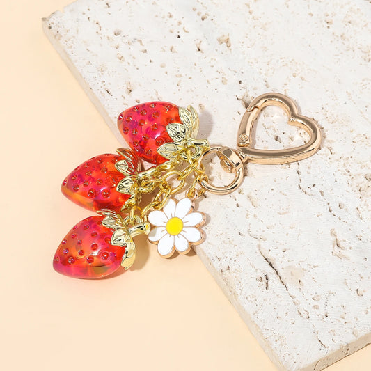 Simpatico portachiavi con ciondolo a forma di borsa con fragola, cuore Kawaii, fiore, margherita, portachiavi per donne, ragazze, borsa, ciondolo, accessori regalo