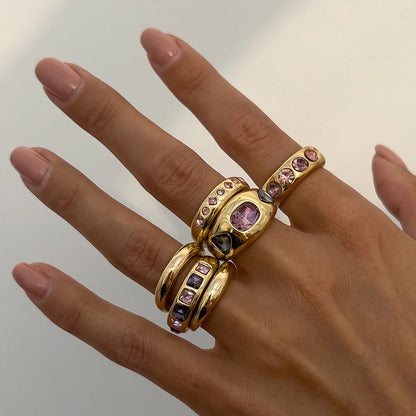 Salircon 6 Pz/set Intarsiato Zircone Viola Anello di Apertura Regolabile Set Donne Anello di Colore Oro Liscio per il Regalo Dei Gioielli Quotidiani Femminili
