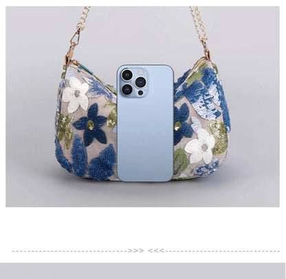 Borse a tracolla da donna con ricamo floreale carino Catene con paillettes alla moda Borsa a tracolla Borsa da spiaggia casual estiva Borsa e portamonete Hobos